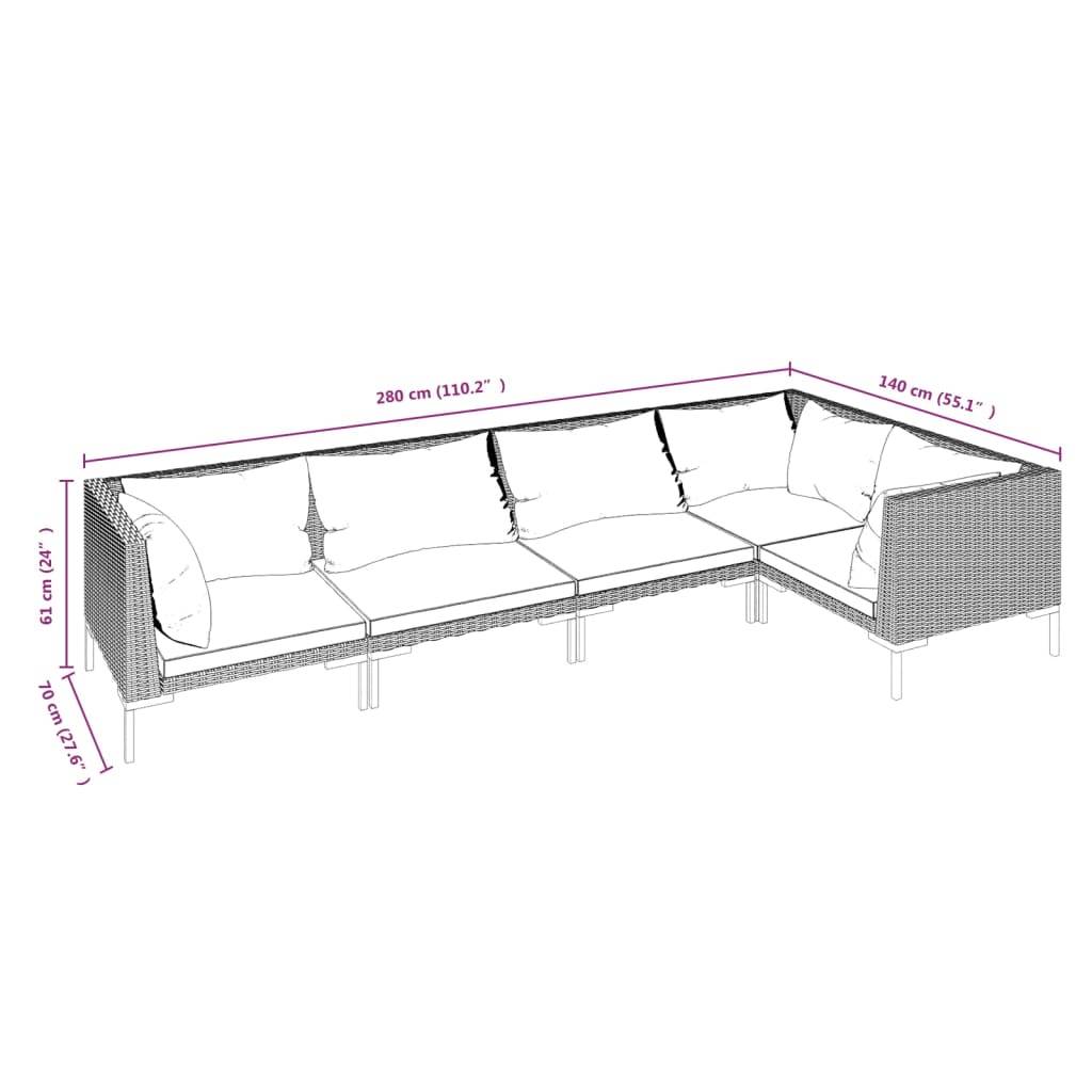 vidaXL 5-tlg. Garten-Lounge-Set mit Kissen Poly Rattan Dunkelgrau