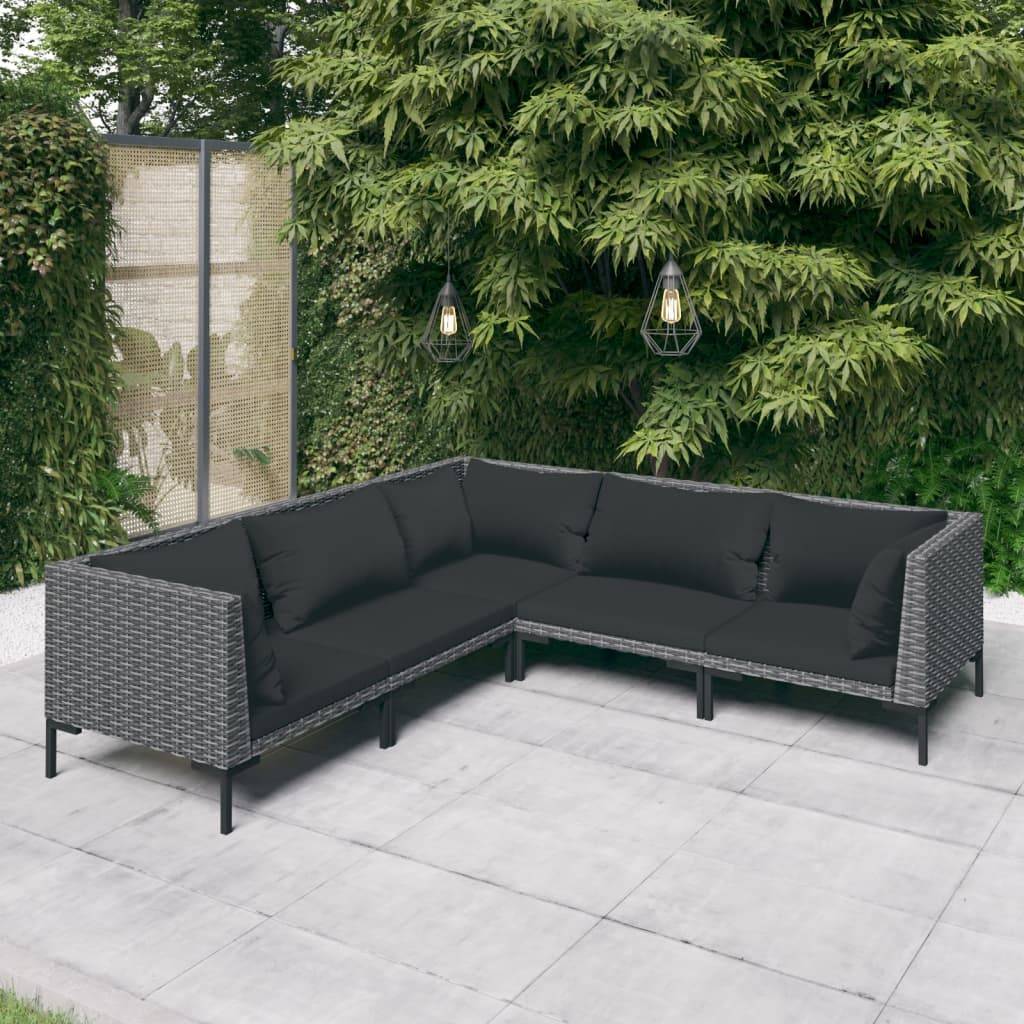 vidaXL 5-tlg. Garten-Lounge-Set mit Kissen Poly Rattan Dunkelgrau
