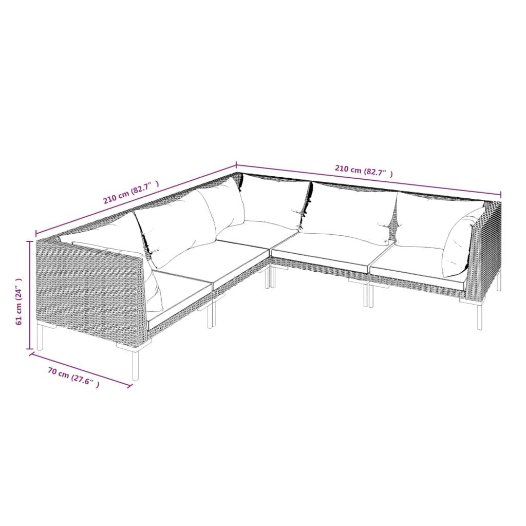 vidaXL 5-tlg. Garten-Lounge-Set mit Kissen Poly Rattan Dunkelgrau