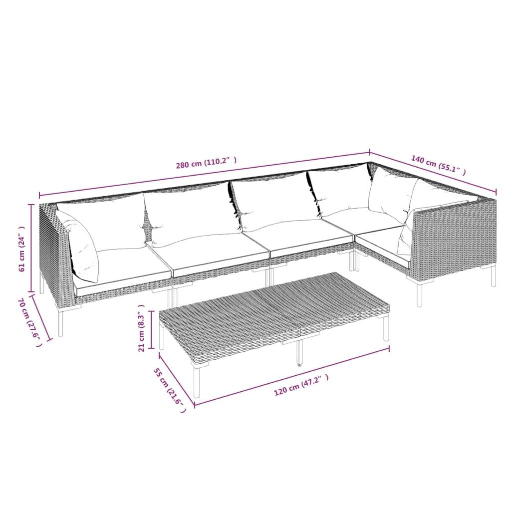 vidaXL 6-tlg. Garten-Lounge-Set mit Kissen Poly Rattan Dunkelgrau