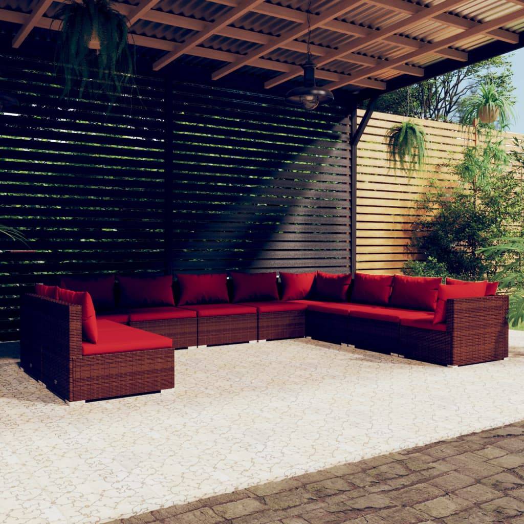 vidaXL 10-tlg. Garten-Lounge-Set mit Kissen Braun Poly Rattan