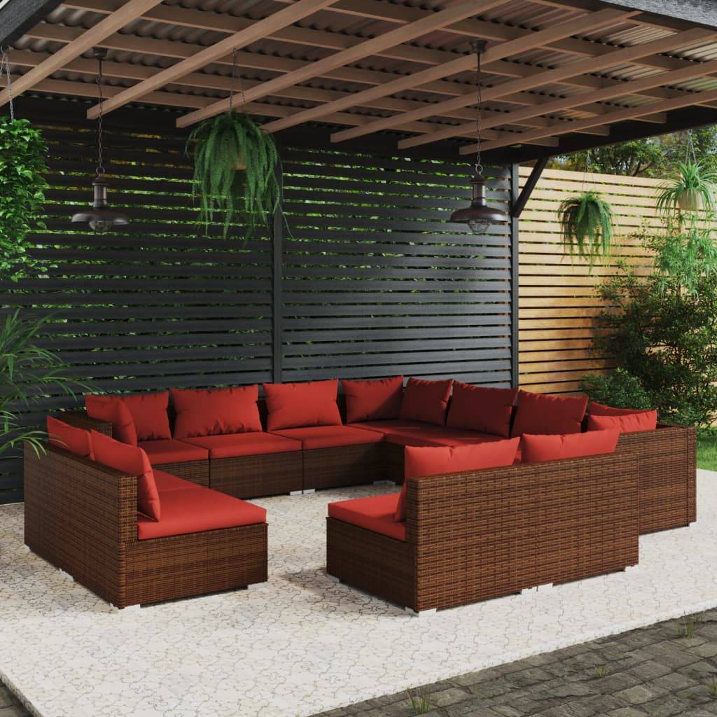 vidaXL 11-tlg. Garten-Lounge-Set mit Kissen Braun Poly Rattan