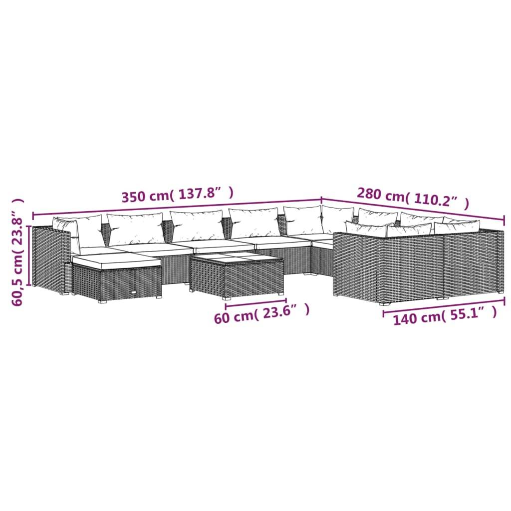 vidaXL 11-tlg. Garten-Lounge-Set mit Kissen Poly Rattan Schwarz