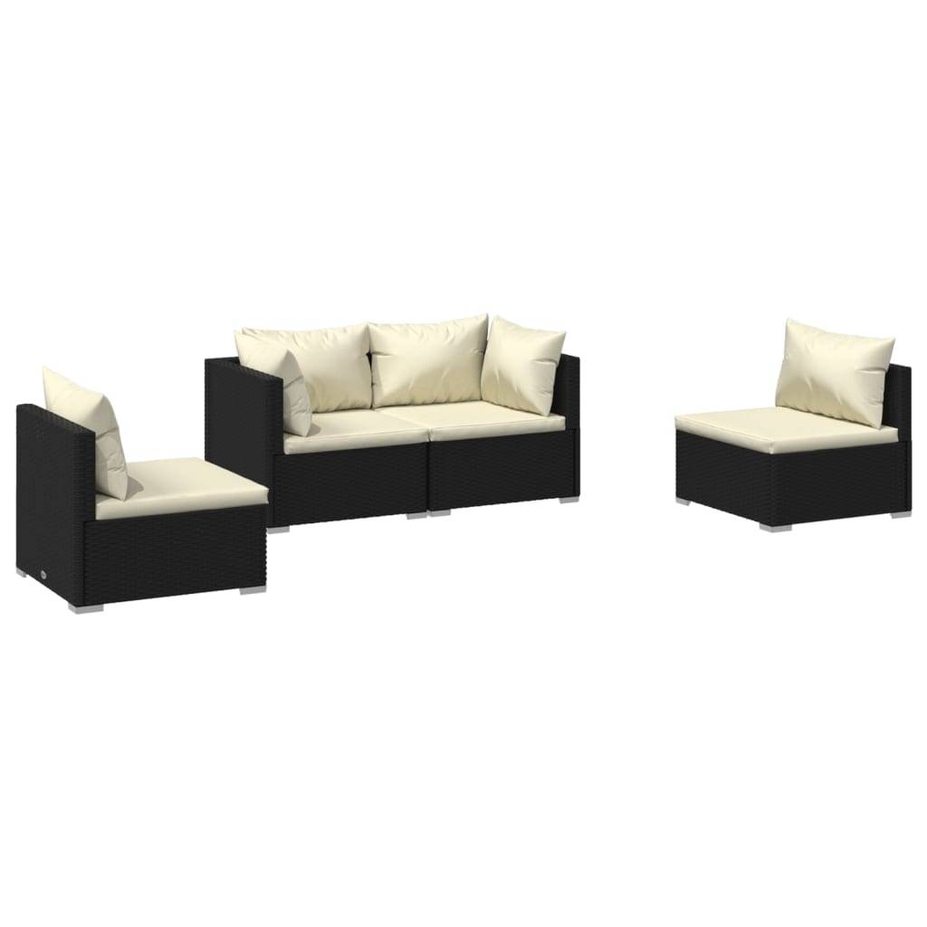 vidaXL 4-tlg. Garten-Lounge-Set mit Kissen Poly Rattan Schwarz