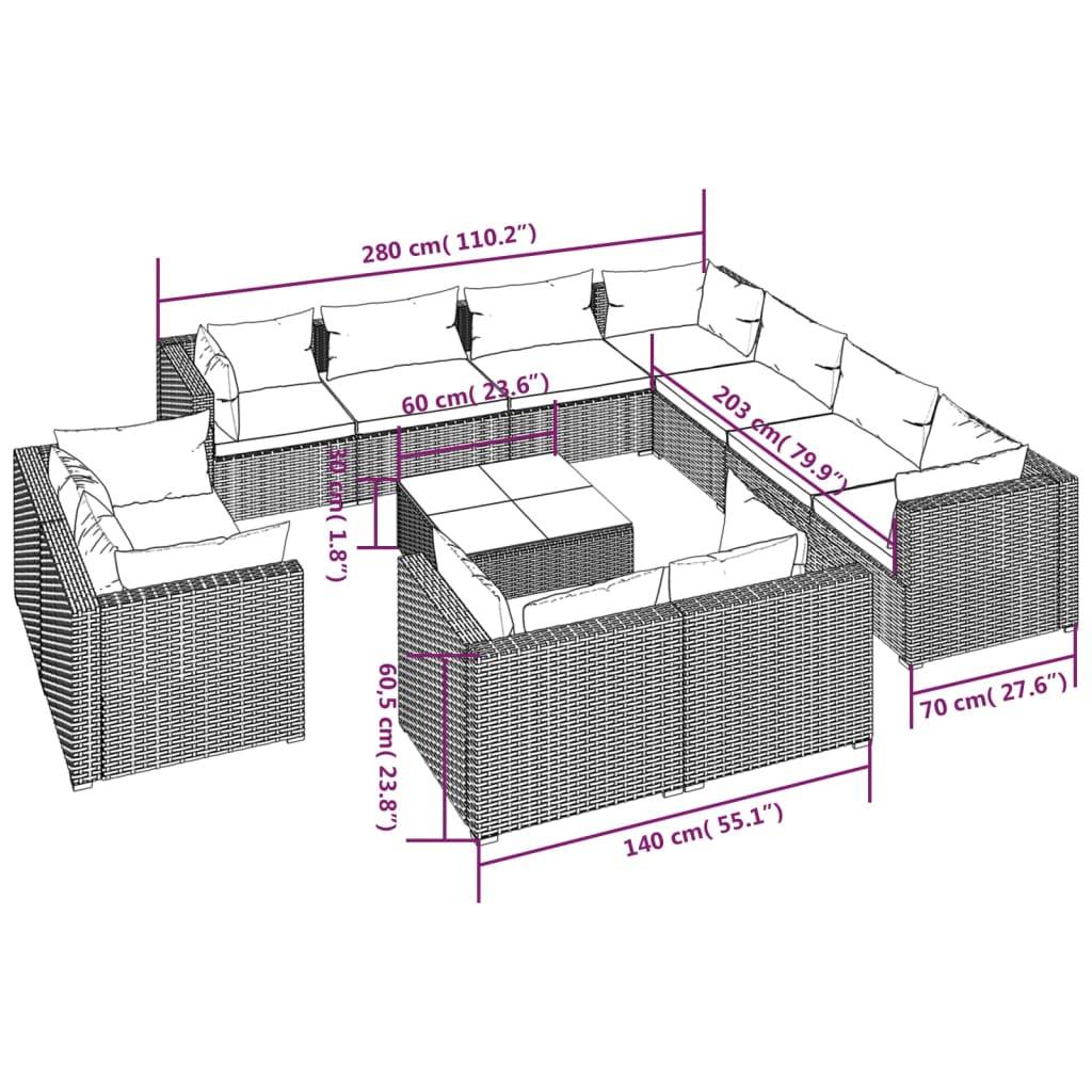 vidaXL 12-tlg. Garten-Lounge-Set mit Kissen Schwarz Poly Rattan