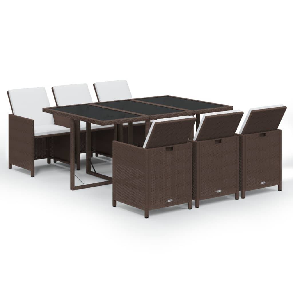 vidaXL 7-tlg. Garten-Essgruppe mit Kissen Poly Rattan Braun