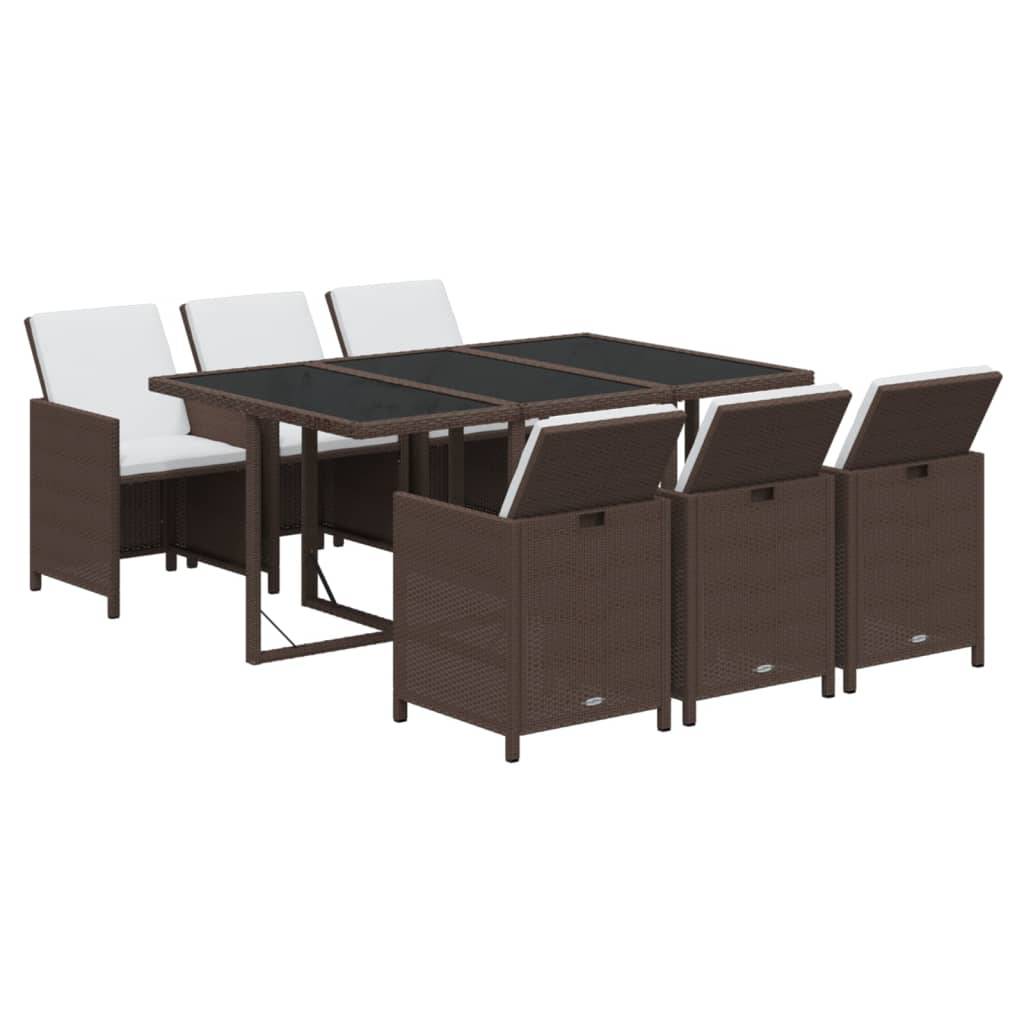 vidaXL 7-tlg. Garten-Essgruppe mit Kissen Poly Rattan Braun