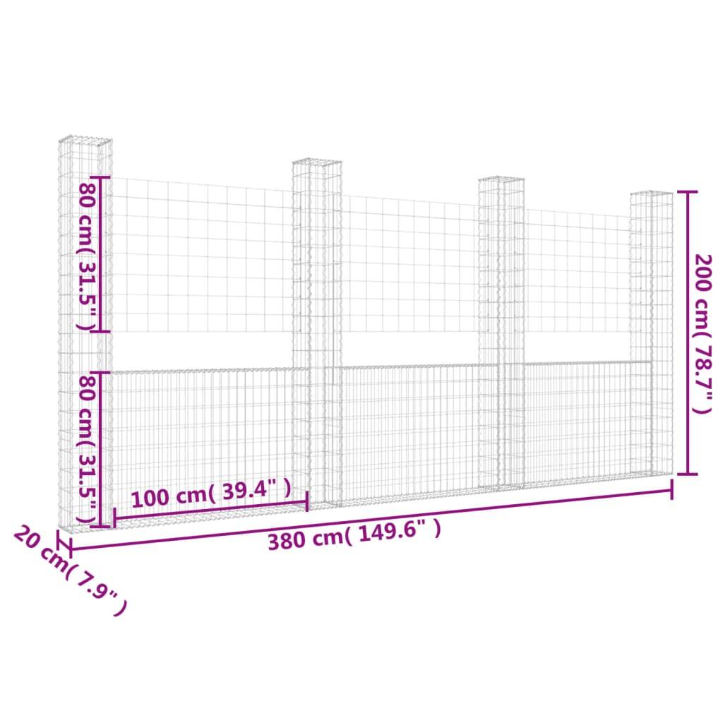 vidaXL Gabionenkorb U-Form mit 4 Säulen Eisen 380x20x200 cm