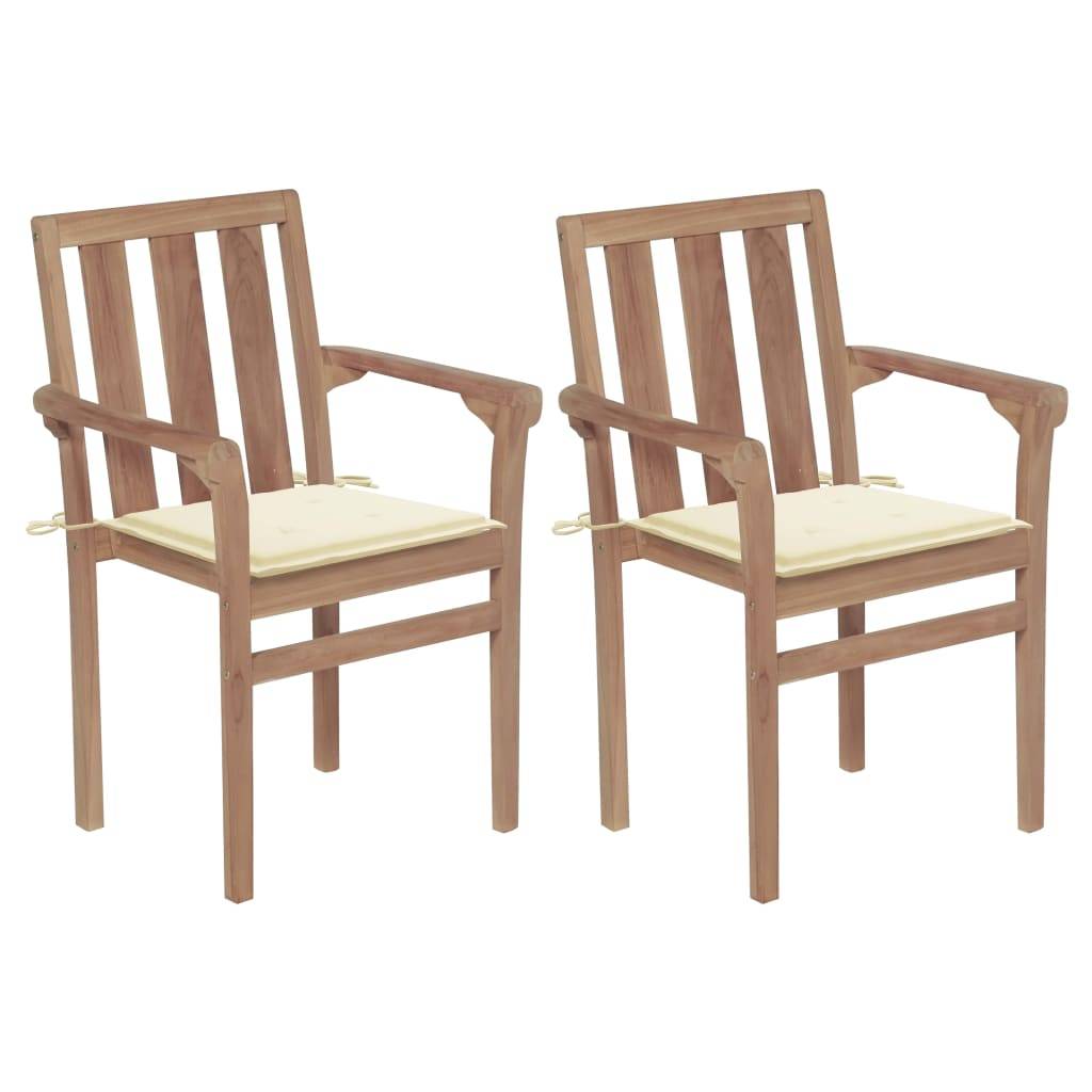 vidaXL Gartenstühle 2 Stk. mit Cremeweißen Kissen Teak Massivholz