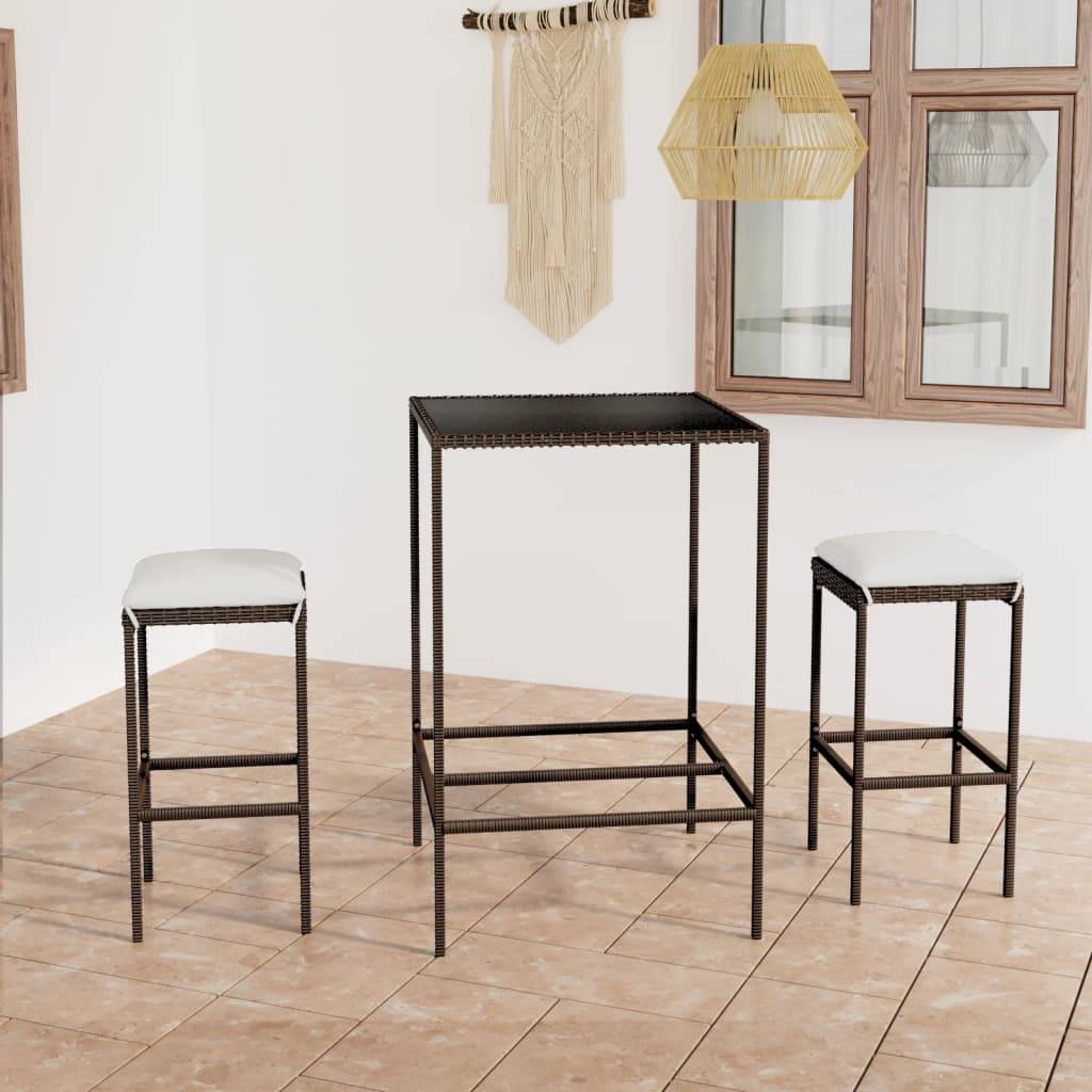 vidaXL 3-tlg. Gartenbar-Set mit Kissen Poly Rattan Braun