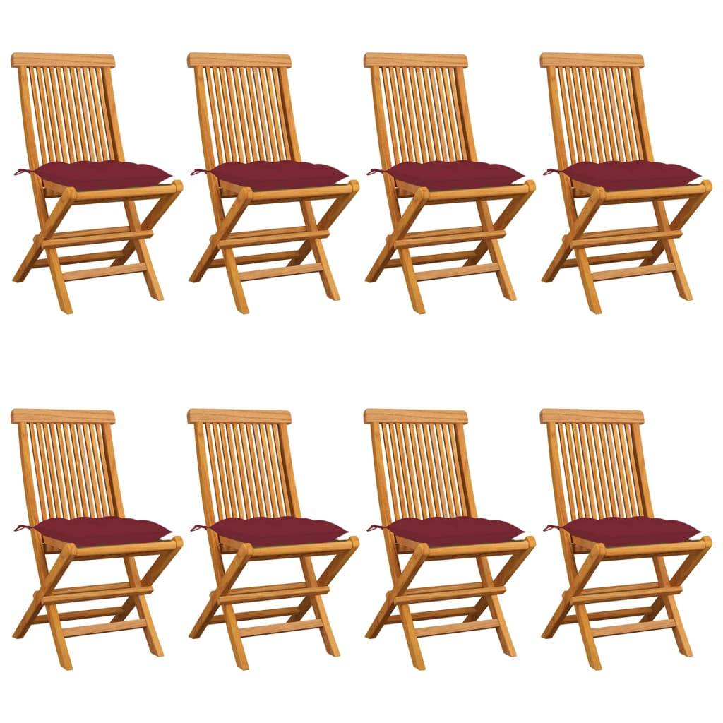 vidaXL Gartenstühle mit Weinroten Kissen 8 Stk. Massivholz Teak
