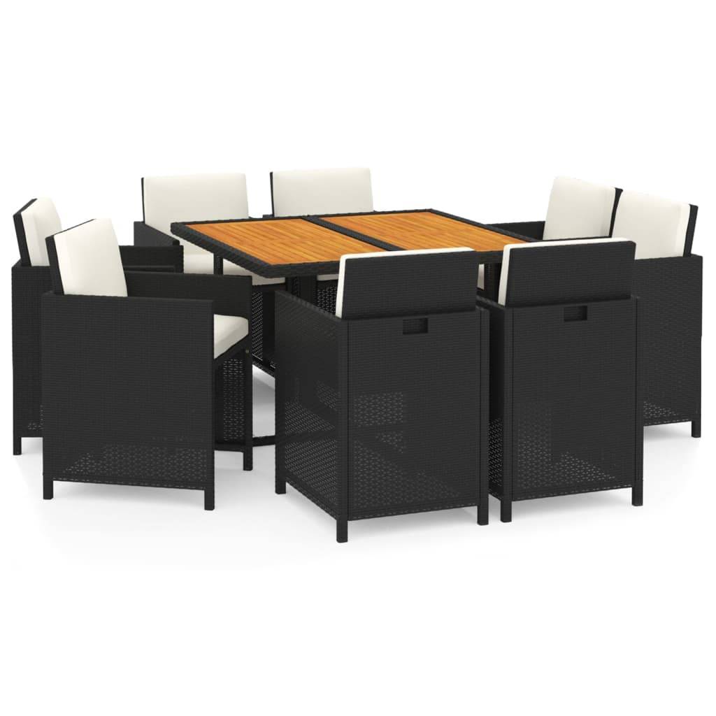 vidaXL 9-tlg. Garten-Essgruppe mit Kissen Poly Rattan Schwarz