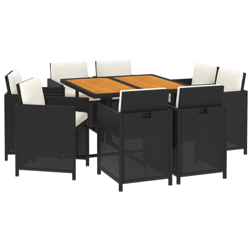 vidaXL 9-tlg. Garten-Essgruppe mit Kissen Poly Rattan Schwarz