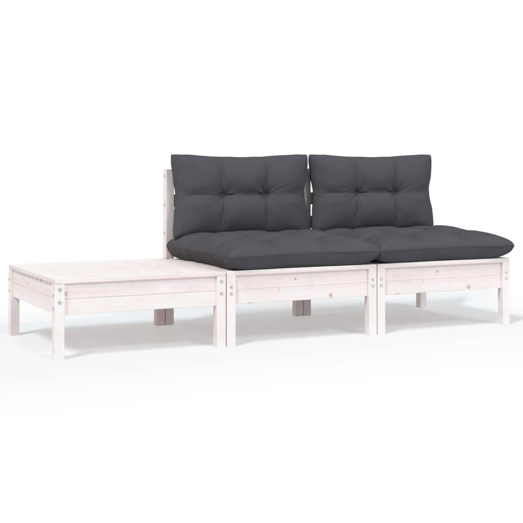 vidaXL 3-tlg. Garten-Lounge-Set mit Kissen Weiß Kiefer Massivholz