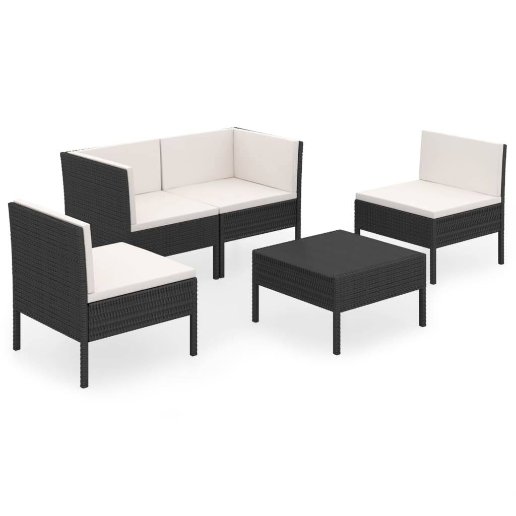 vidaXL 5-tlg. Garten-Lounge-Set mit Auflagen Poly Rattan Schwarz