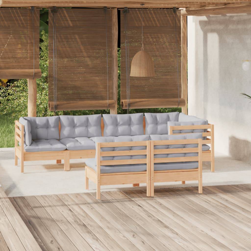 vidaXL 7-tlg. Garten-Lounge-Set mit Grauen Kissen Kiefer Massivholz