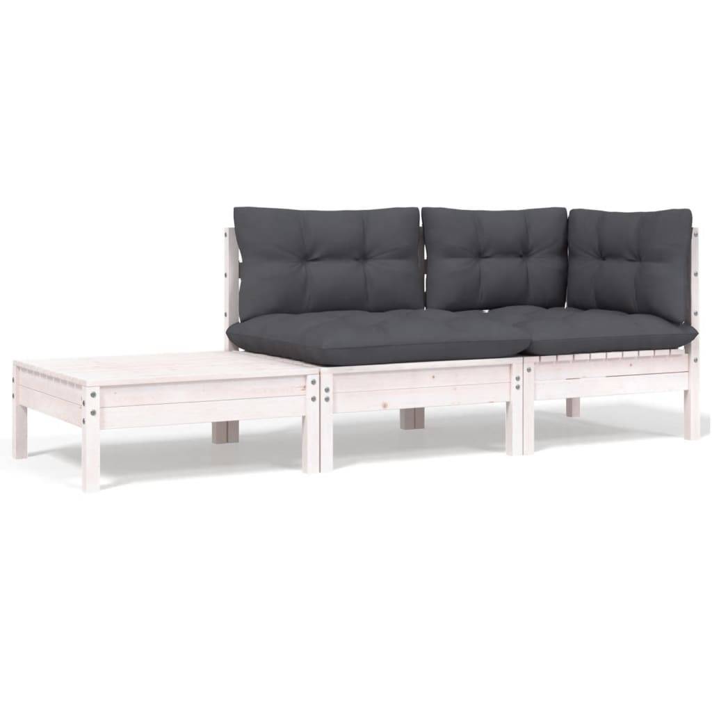 vidaXL 3-tlg. Garten-Lounge-Set mit Kissen Weiß Kiefer Massivholz