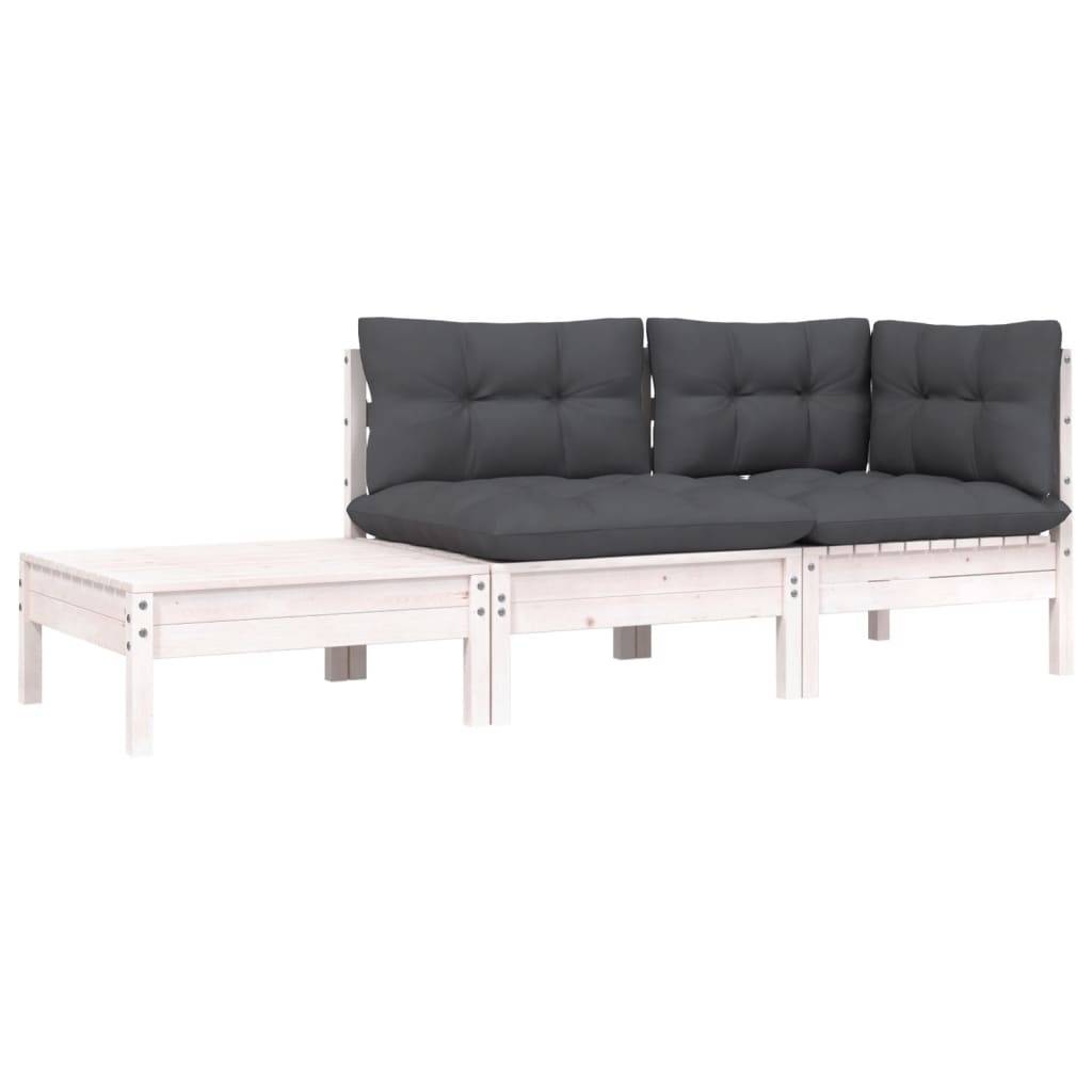 vidaXL 3-tlg. Garten-Lounge-Set mit Kissen Weiß Kiefer Massivholz