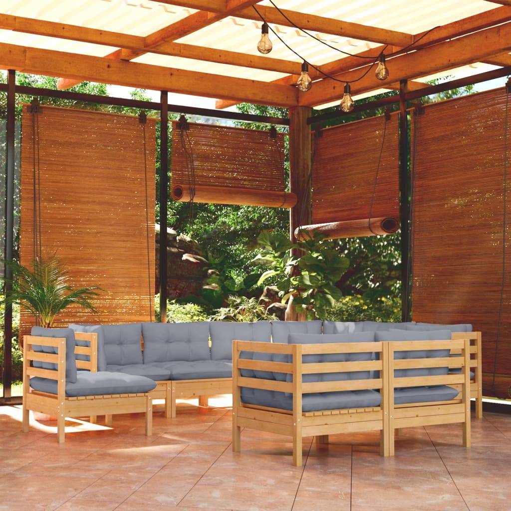 vidaXL 9-tlg. Garten-Lounge-Set mit Grauen Kissen Kiefer Massivholz