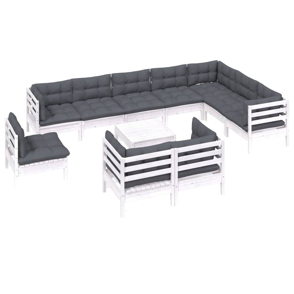 vidaXL 11-tlg. Garten-Lounge-Set mit Kissen Weiß Kiefer Massivholz