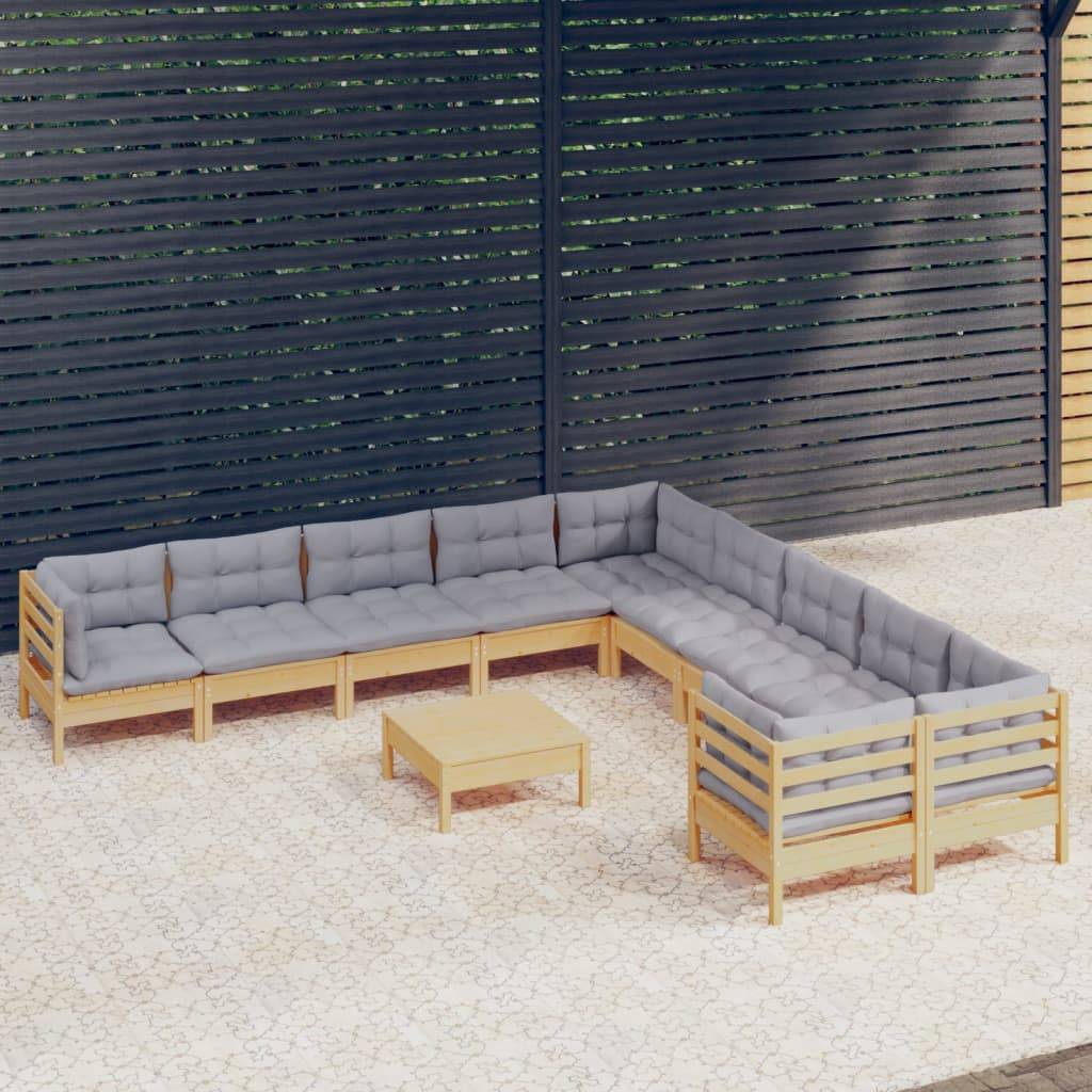 vidaXL 11-tlg. Garten-Lounge-Set mit Grauen Kissen Kiefernholz