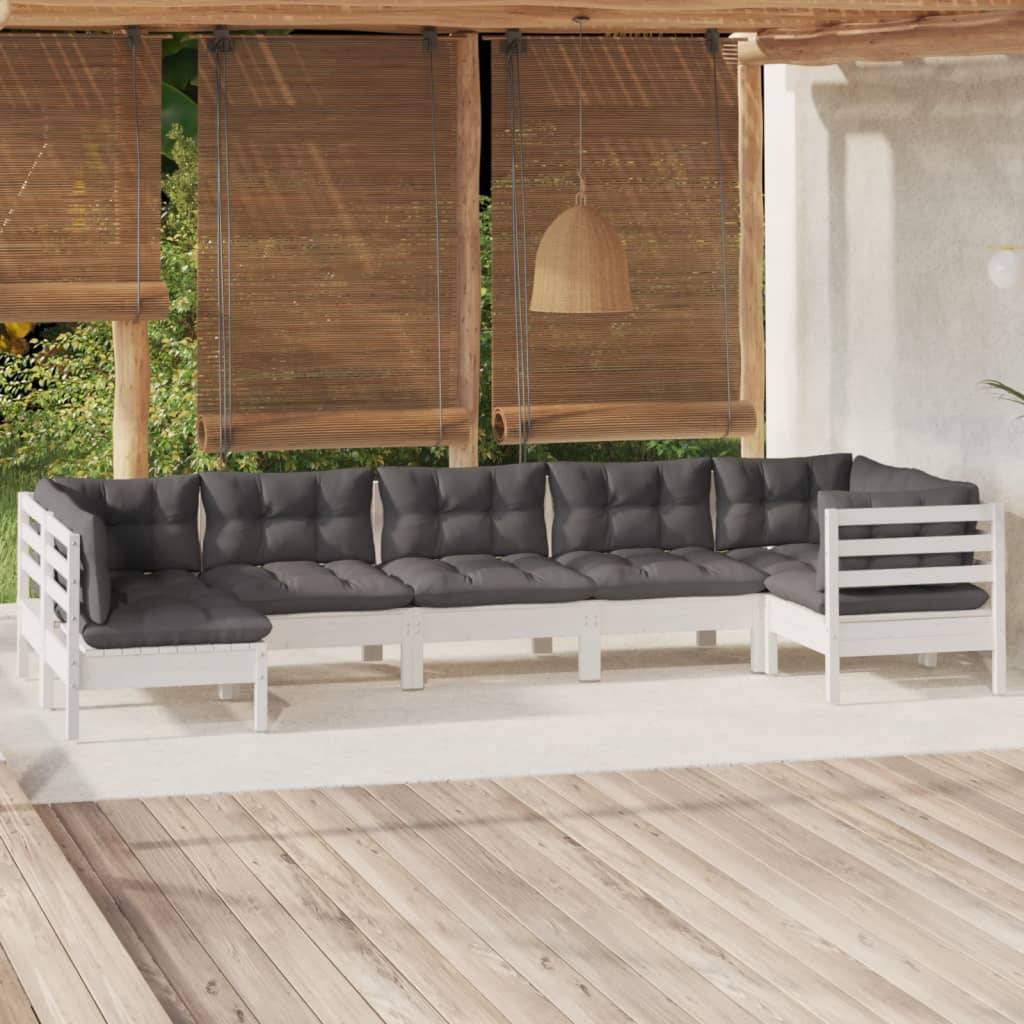 vidaXL 7-tlg. Garten-Lounge-Set mit Kissen Weiß Kiefernholz