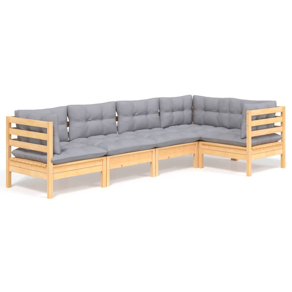 vidaXL 5-tlg. Garten-Lounge-Set mit Grauen Kissen Kiefernholz
