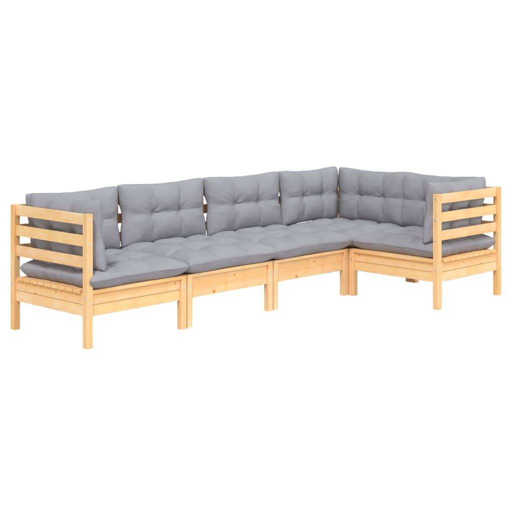 vidaXL 5-tlg. Garten-Lounge-Set mit Grauen Kissen Kiefernholz