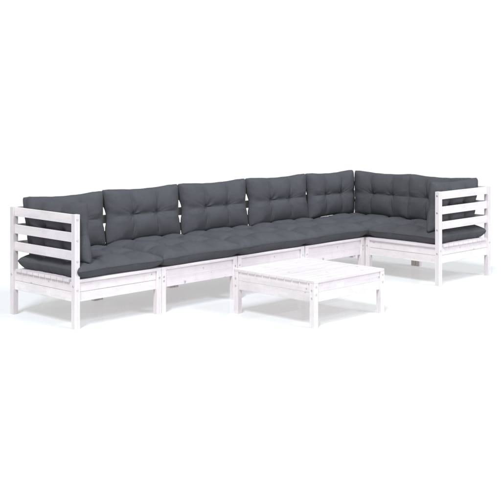 vidaXL 7-tlg. Garten-Lounge-Set mit Kissen Weiß Kiefernholz
