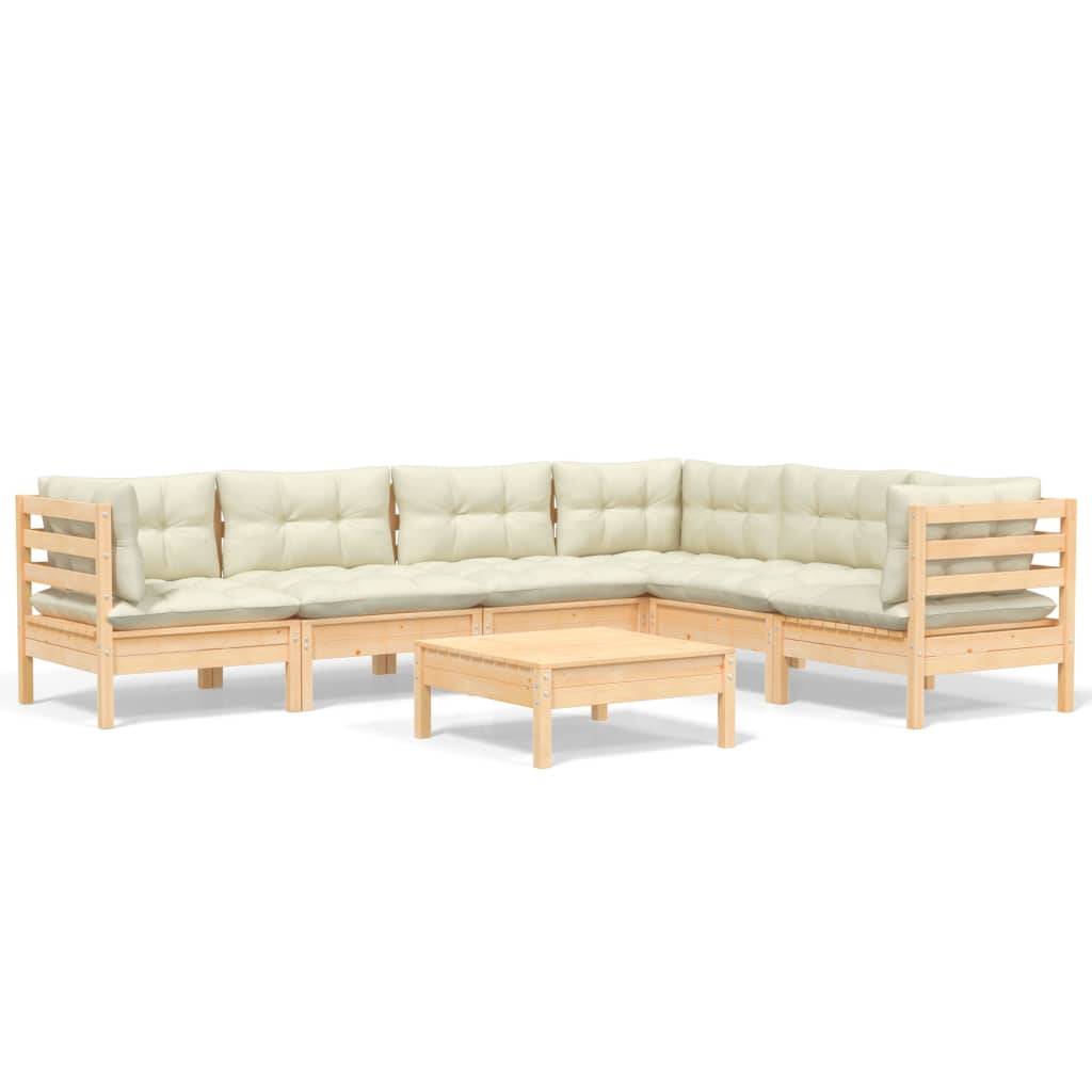 vidaXL 7-tlg. Garten-Lounge-Set mit Creme Kissen Massivholz Kiefer