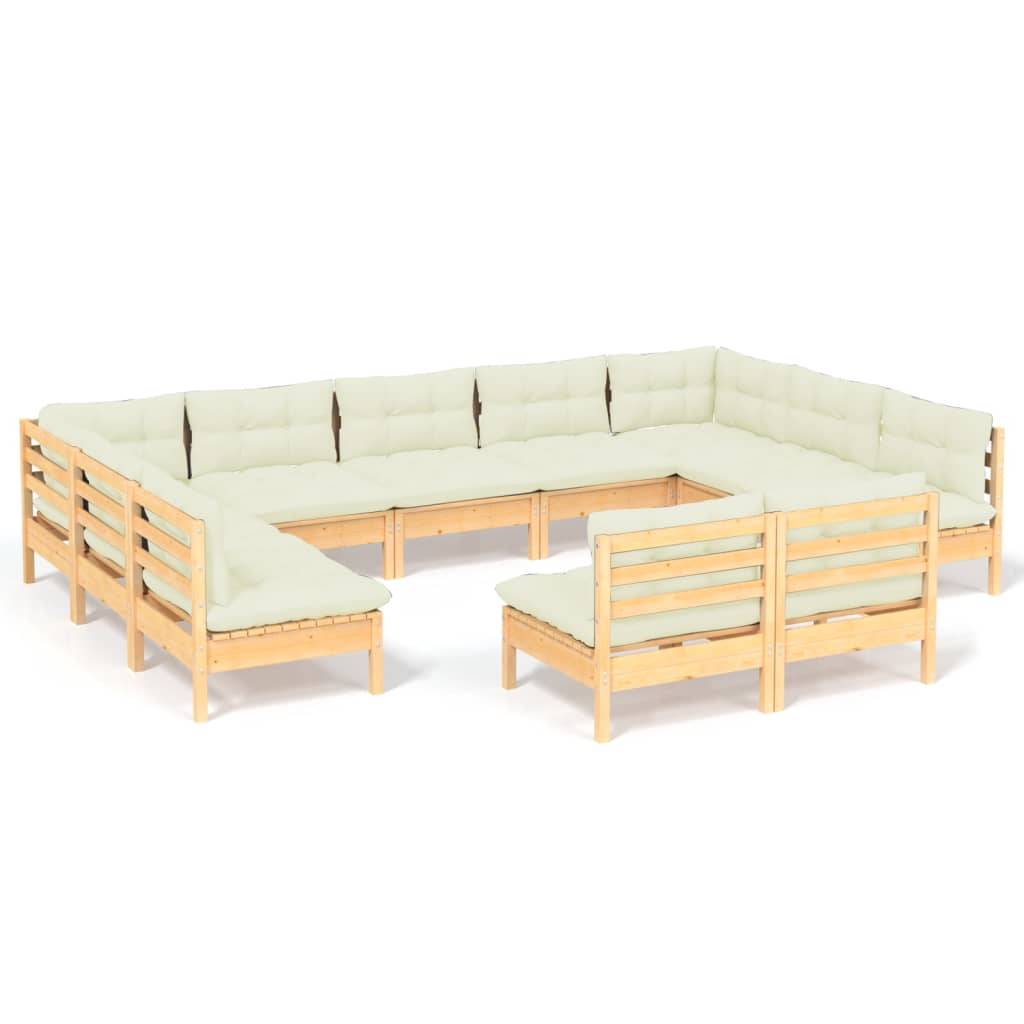 vidaXL 11-tlg. Garten-Lounge-Set mit Creme Kissen Massivholz Kiefer