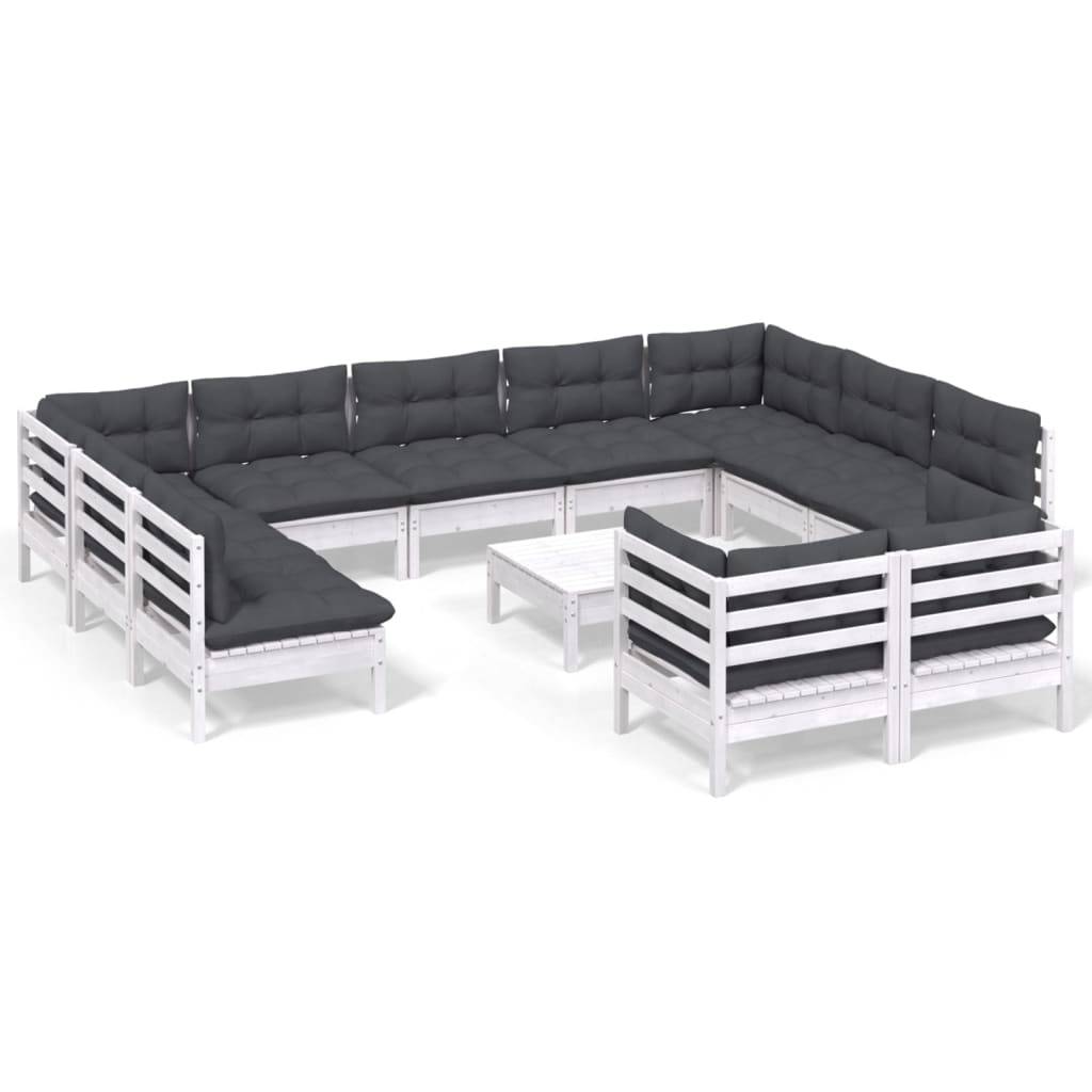 vidaXL 12-tlg. Garten-Lounge-Set mit Kissen Weiß Kiefer Massivholz