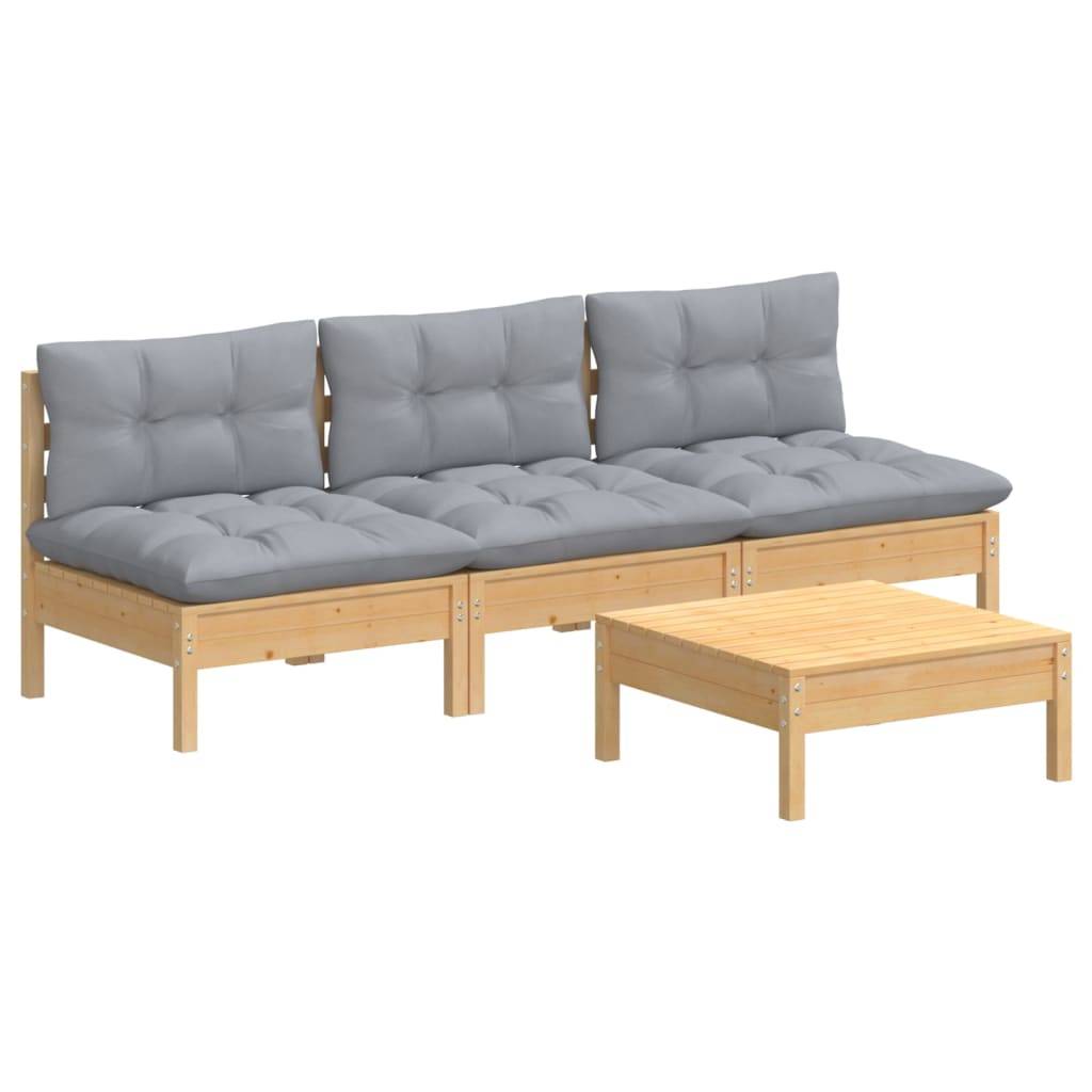 vidaXL 4-tlg. Garten-Lounge-Set mit Grauen Kissen Kiefernholz