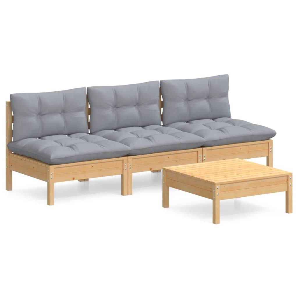 vidaXL 4-tlg. Garten-Lounge-Set mit Grauen Kissen Kiefernholz