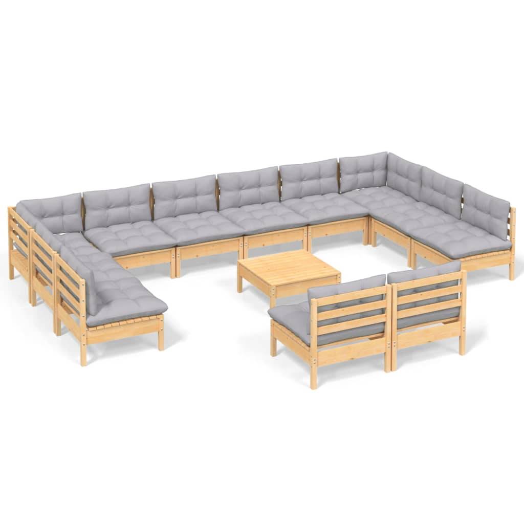 vidaXL 13-tlg. Garten-Lounge-Set mit Grauen Kissen Kiefer Massivholz