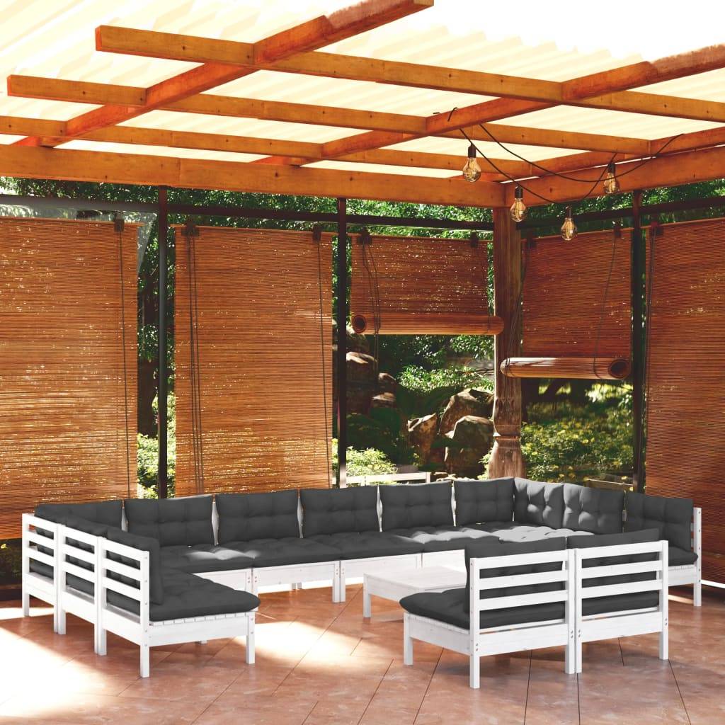 vidaXL 13-tlg. Garten-Lounge-Set mit Kissen Weiß Kiefer Massivholz