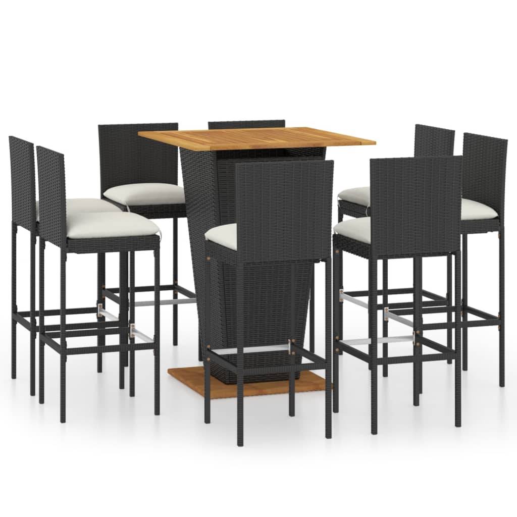 vidaXL 9-tlg. Gartenbar-Set mit Kissen Poly Rattan Schwarz