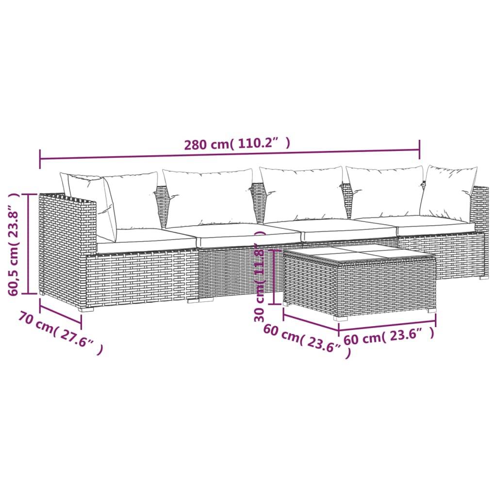 vidaXL 5-tlg. Garten-Lounge-Set mit Kissen Poly Rattan Braun