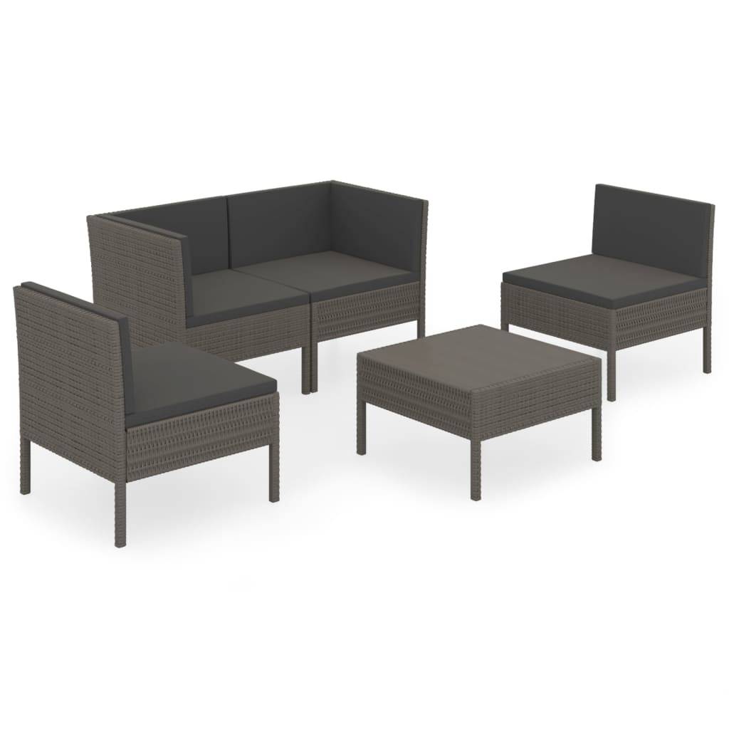 vidaXL 5-tlg. Garten-Lounge-Set mit Auflagen Poly Rattan Grau