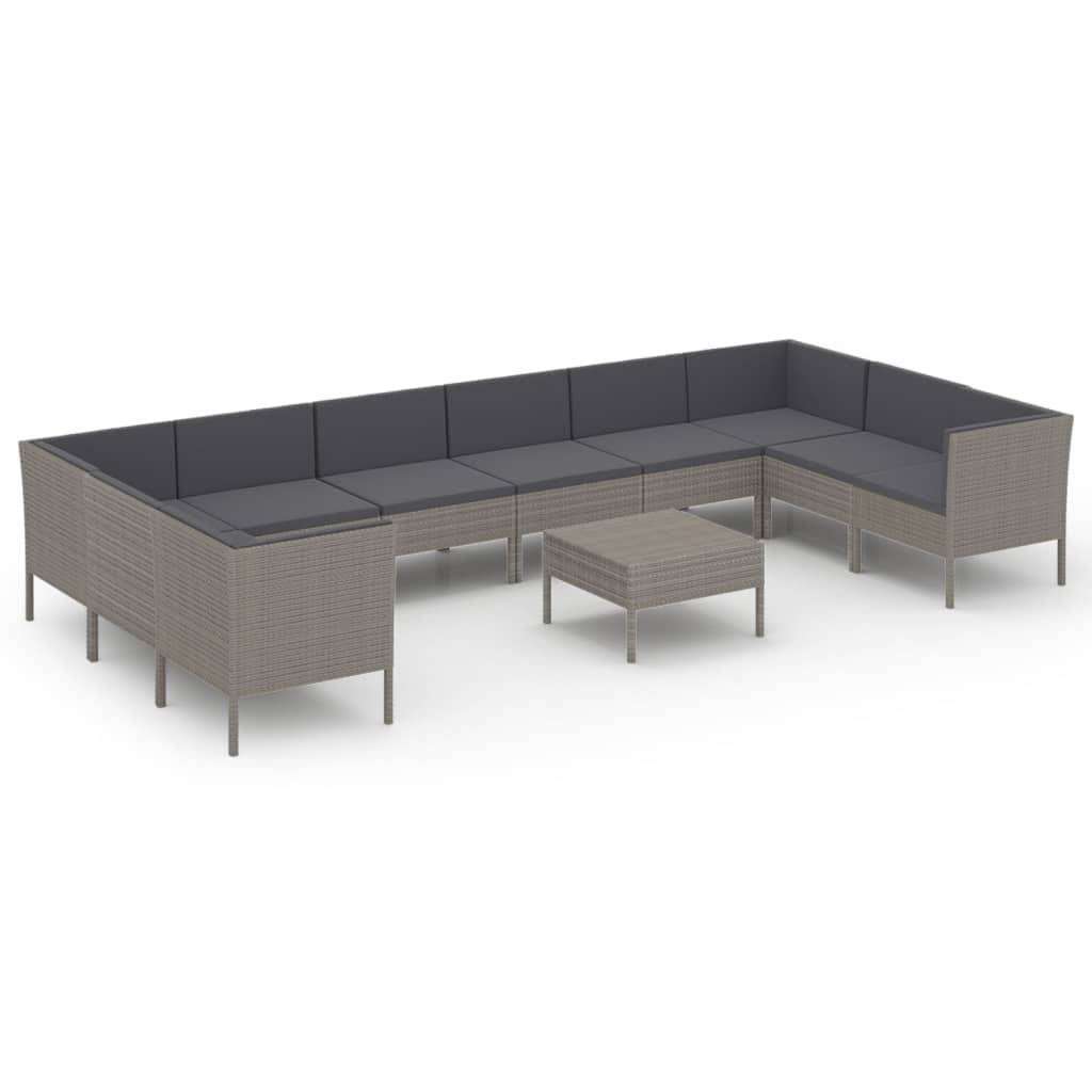 vidaXL 11-tlg. Garten-Lounge-Set mit Auflagen Poly Rattan Grau