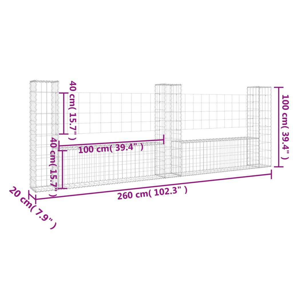 vidaXL Gabionenkorb U-Form mit 3 Säulen Eisen 260x20x100 cm