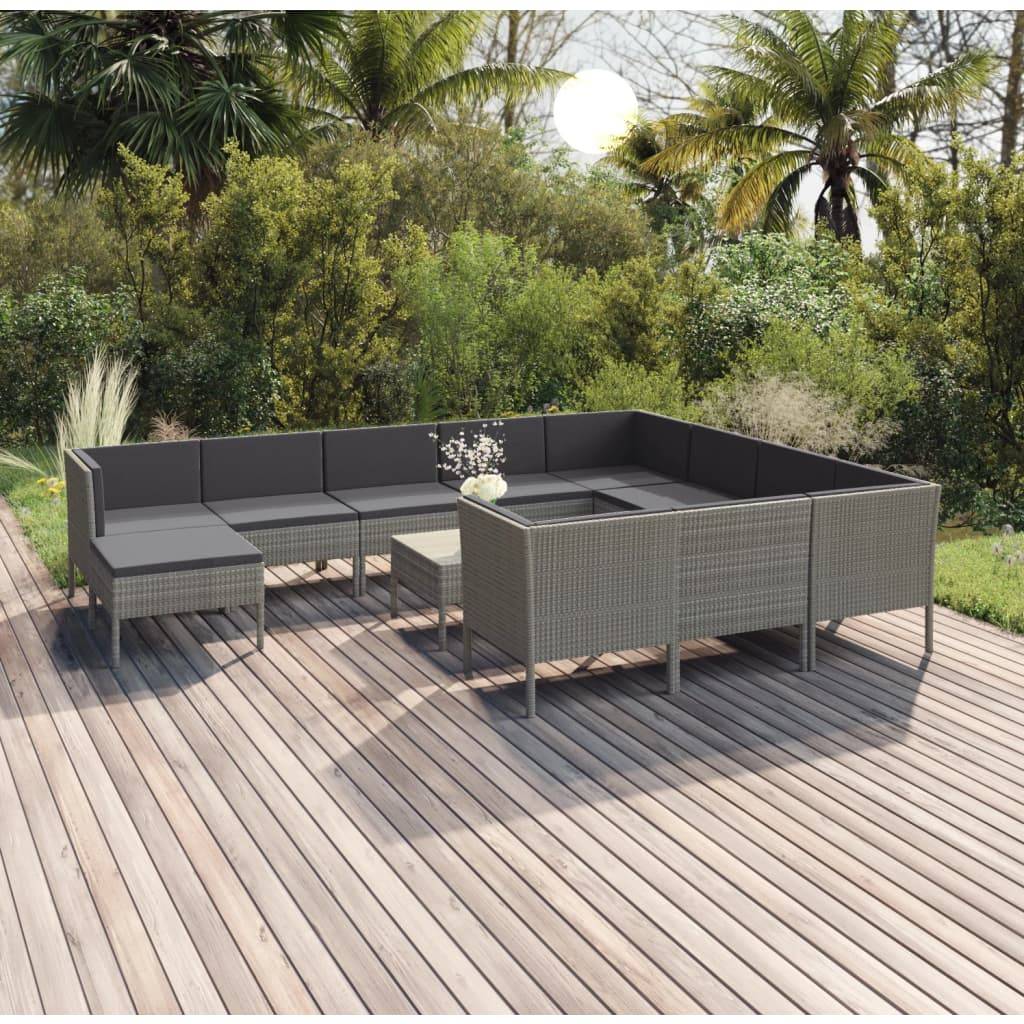 vidaXL 12-tlg. Garten-Lounge-Set mit Auflagen Poly Rattan Grau