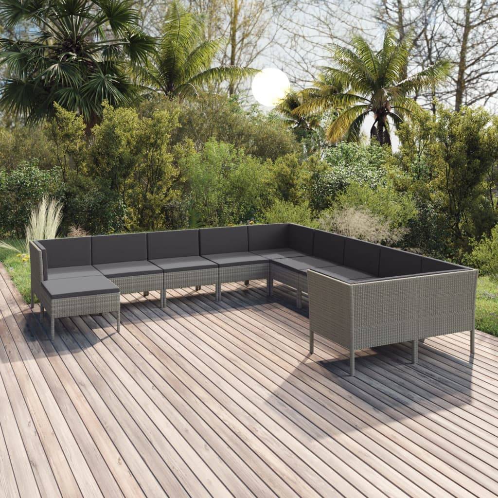 vidaXL 11-tlg. Garten-Lounge-Set mit Auflagen Poly Rattan Grau
