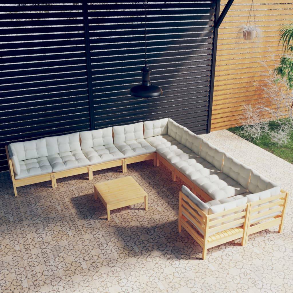 vidaXL 11-tlg. Garten-Lounge-Set mit Creme Kissen Kiefernholz