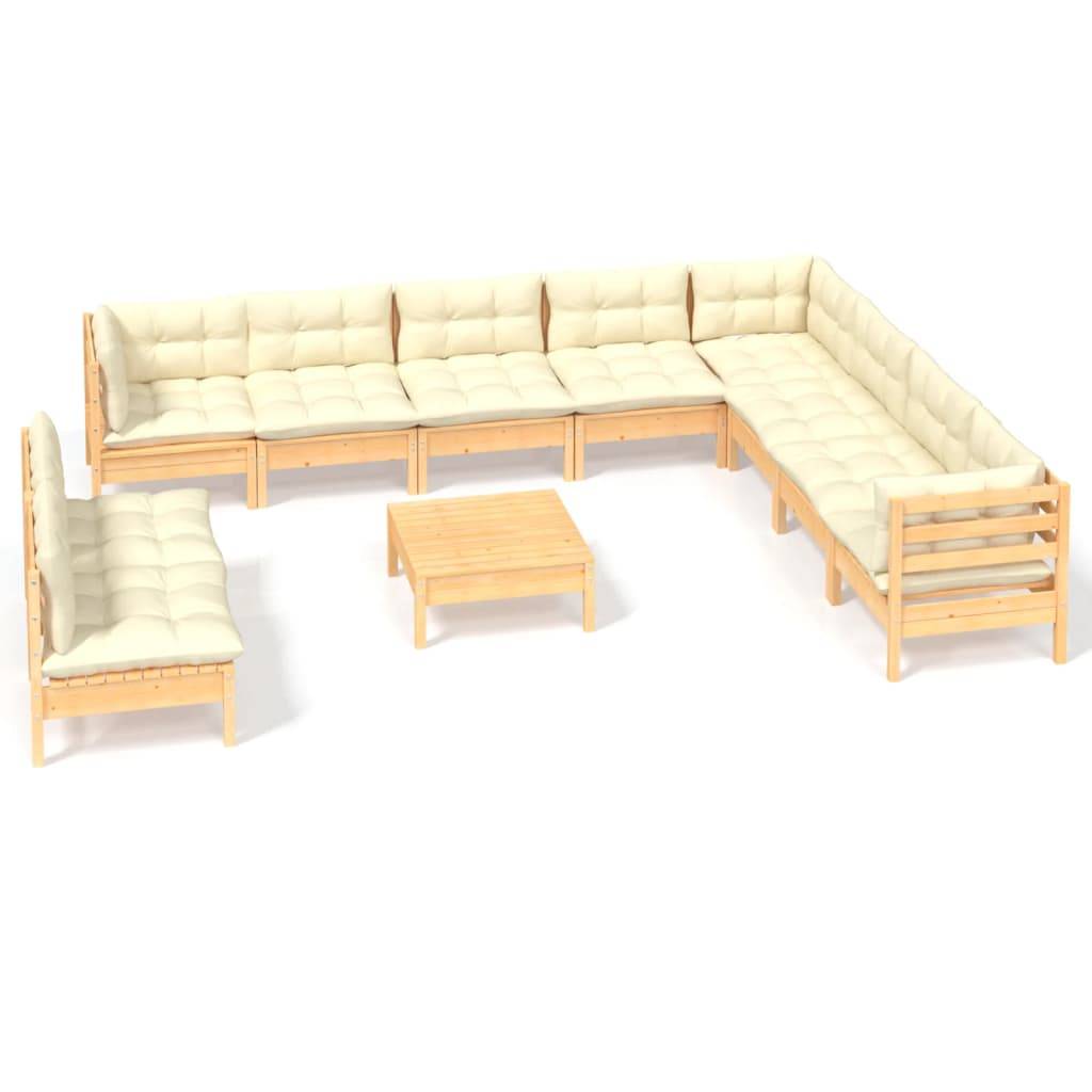 vidaXL 11-tlg. Garten-Lounge-Set mit Creme Kissen Massivholz Kiefer