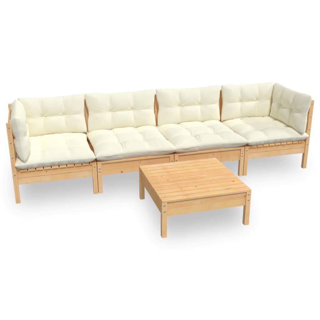 vidaXL 5-tlg. Garten-Lounge-Set mit Creme Kissen Kiefer Massivholz