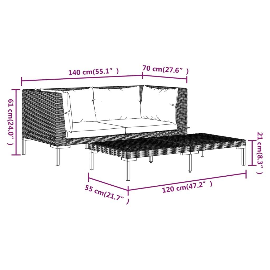 vidaXL 3-tlg. Garten-Lounge-Set Dunkelgrau Halbrundes Poly Rattan