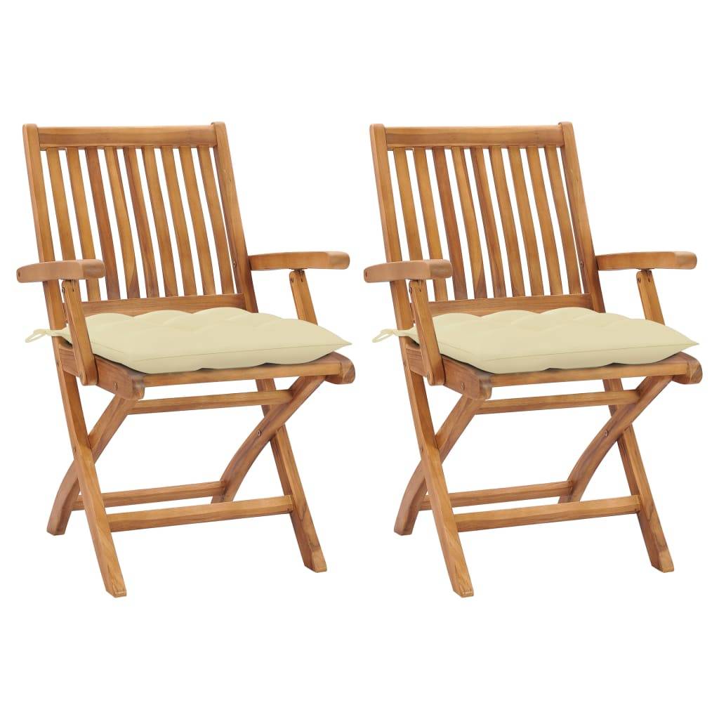 vidaXL Gartenstühle 2 Stk. mit Cremeweißen Kissen Massivholz Teak