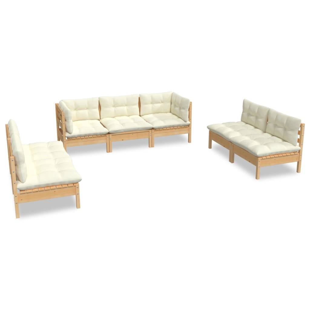 vidaXL 7-tlg. Garten-Lounge-Set mit Creme Kissen Massivholz Kiefer