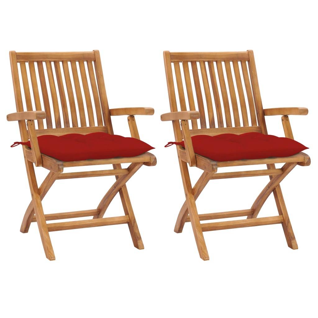 vidaXL Gartenstühle 2 Stk. mit Roten Kissen Massivholz Teak